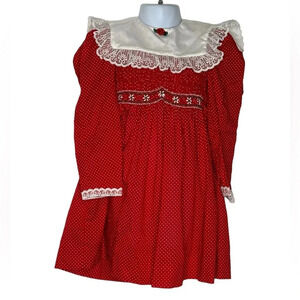 Vintage Polly Flinders red polka dot smocked lace collar dress sz 5